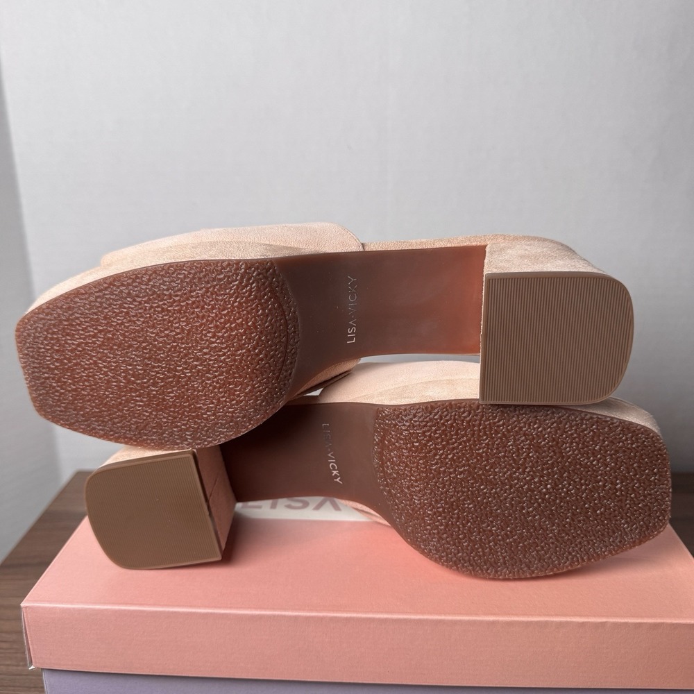 Lisa Vicky Magnetic2V Tinder Pink Suede SlipOn Heel‎ Sandal Gold Chain 7M New - Picture 7 of 8